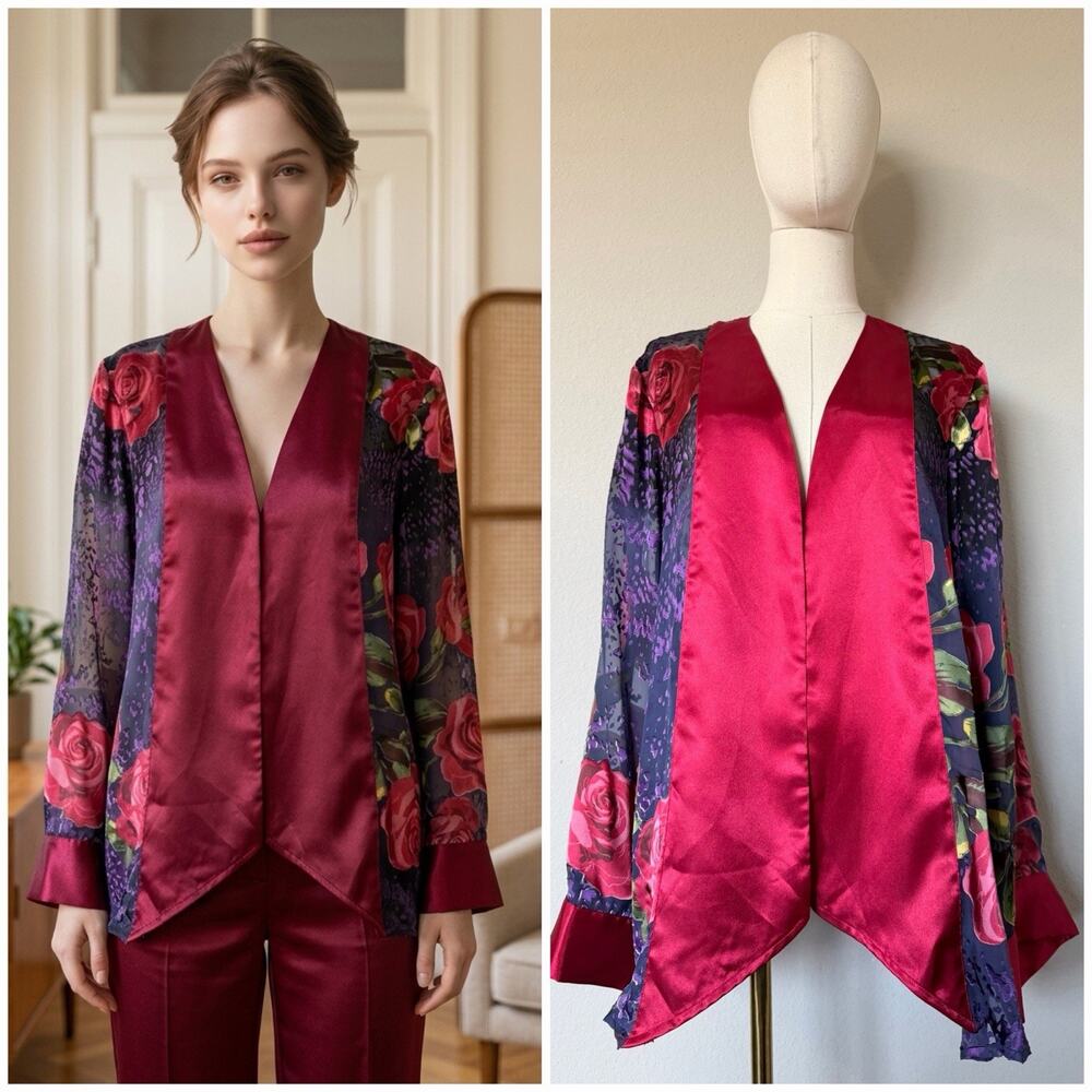 Mirasol Silk Blend Burnout Velvet Kimono Jacket Floral Red Purple Size Large VTG